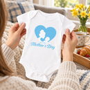 Personalised Mother's Day baby grow lifestyle photo with Heart Silhouette design in blue, printed with baby's name