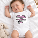 Personalised Mother's Day baby grow lifestyle photo with Heart With Banner design in pink, printed with baby's name