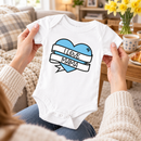 Personalised Mother's Day baby grow lifestyle photo with Heart With Banner design in blue, printed with baby's name