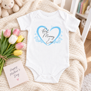 Personalised Mother's Day baby grow lifestyle photo with Best Mummy Ever Heart design in blue, printed with baby's name