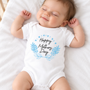 Personalised Mother's Day baby grow lifestyle photo with Happy Mother's Day Floral design in blue, printed with baby's name