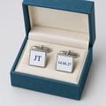 Personalised square cufflinks printed with initials and a wedding date in a square gift box