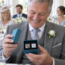 Father of the bride opening a gift box of cufflinks printed with a wedding photo