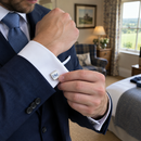 Groom fastening a chrome cufflink printed with his initials on his shirt cuff