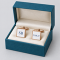Rose gold personalised square cufflinks with initials and a wedding date in a gift box