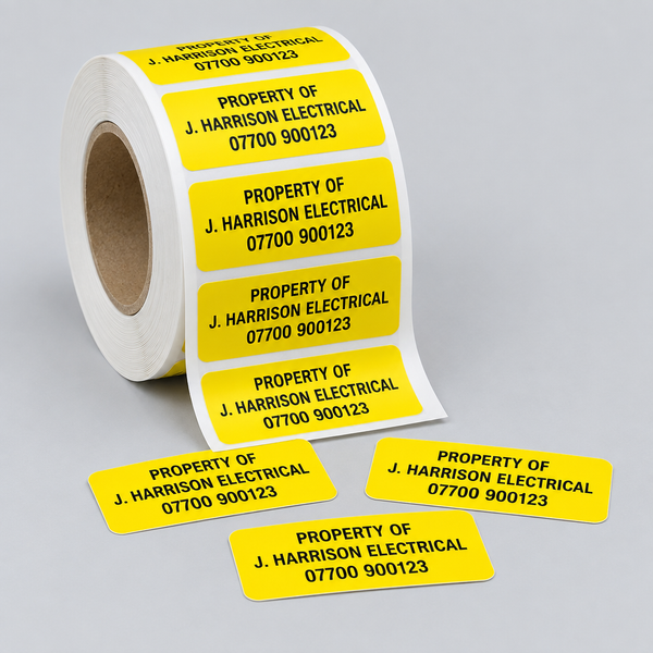 Roll of yellow personalised tool labels printed Property Of with a name and phone number