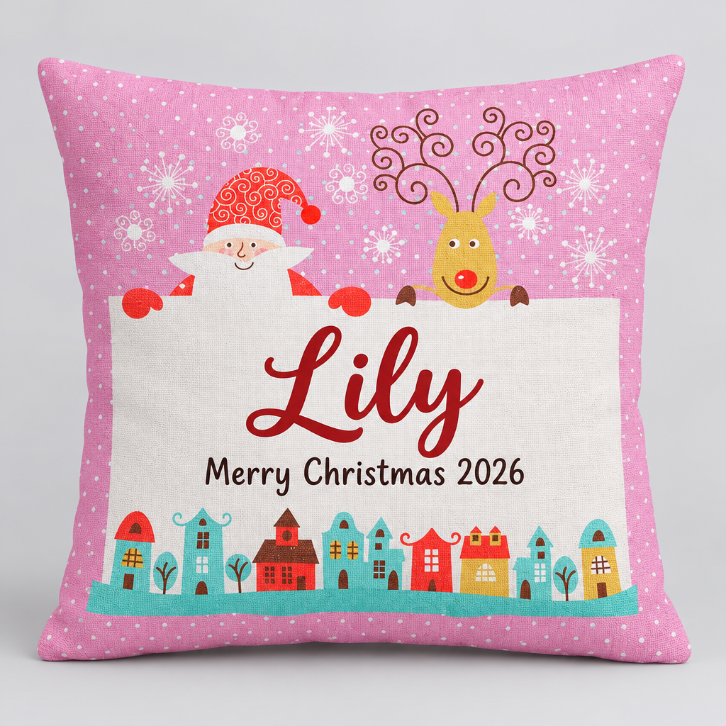 Personalised Christmas Cushion 40cm – Santa & Reindeer with Name & Message – Pink or Turquoise, Cover Only or with Insert – Personalised Christmas Cushion 40cm – Pink, Cover only