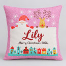 Pink personalised Christmas cushion with Santa and reindeer, printed with the name Lily