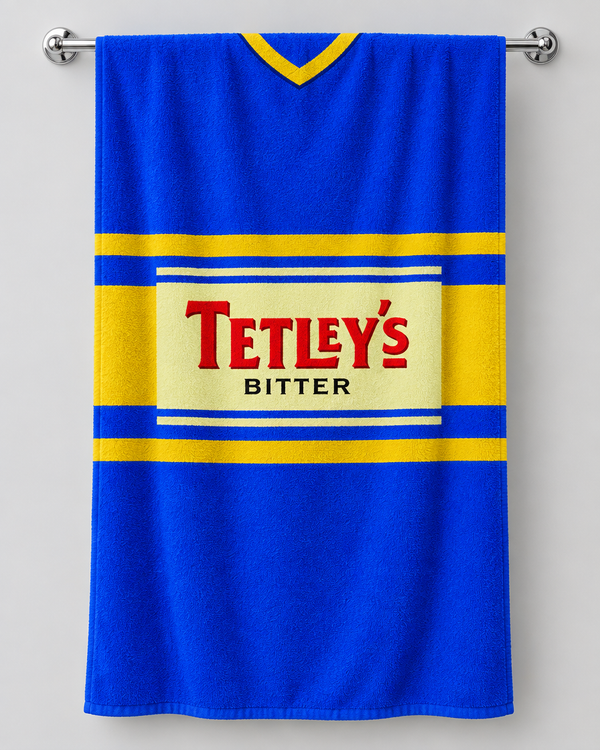 Leeds 1999 personalised rugby bath towel hanging on a towel rail