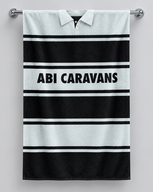 Hull FC 1985 personalised rugby bath towel hanging on a towel rail