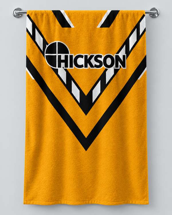 Castleford 1992 personalised rugby bath towel hanging on a towel rail