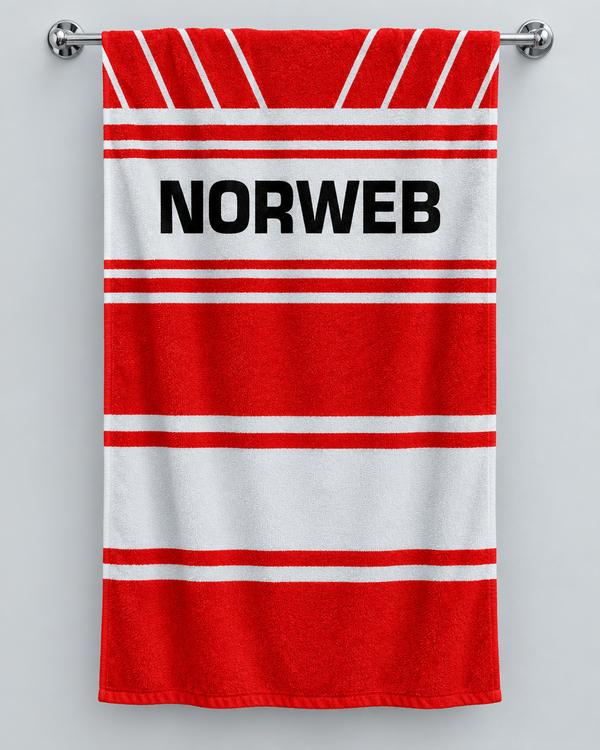 Wigan 1990 Home personalised rugby bath towel hanging on a towel rail
