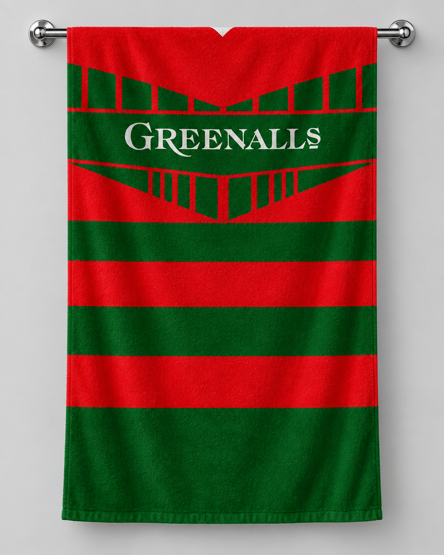 Warrington 1992 personalised rugby bath towel hanging on a towel rail
