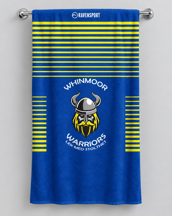 Whinmoor Warriors personalised rugby bath towel hanging on a towel rail