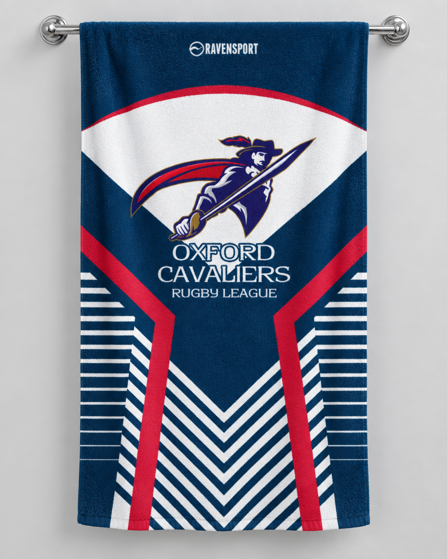 Oxford Cavaliers personalised rugby bath towel hanging on a towel rail