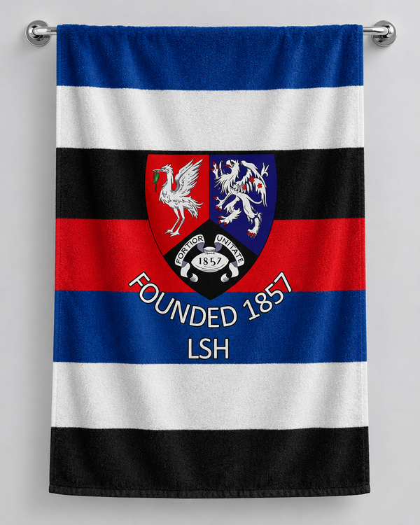 LSH personalised rugby bath towel hanging on a towel rail