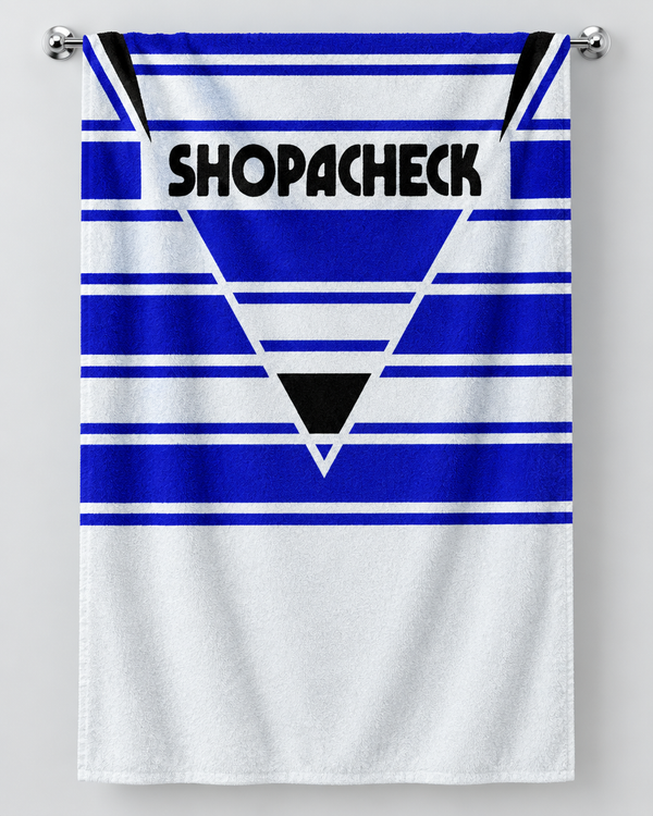 Hull FC 1992 Away personalised rugby bath towel hanging on a towel rail
