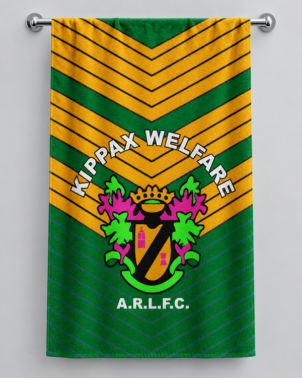 Kippax Welfare personalised rugby bath towel hanging on a towel rail