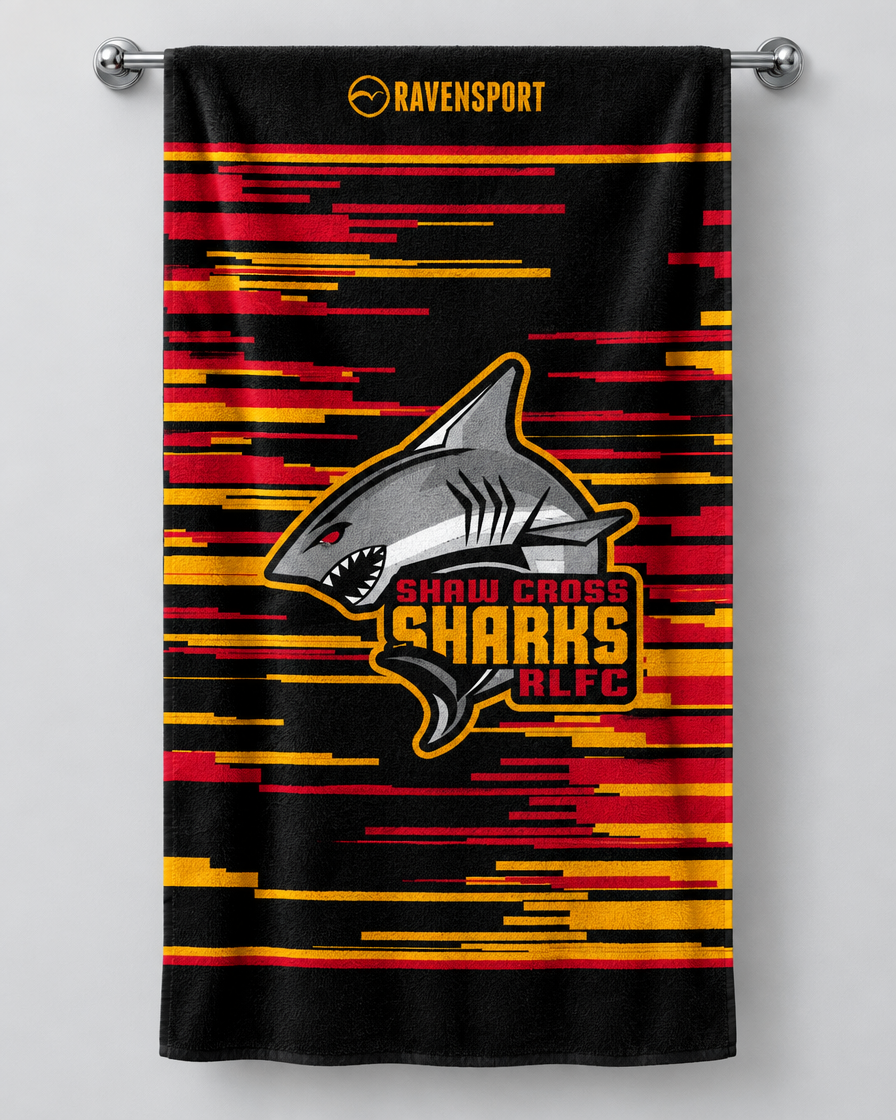 Shaw Cross personalised rugby bath towel hanging on a towel rail