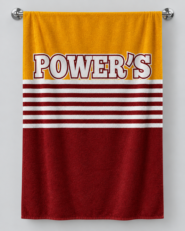 Brisbane 1988 Away personalised rugby bath towel hanging on a towel rail
