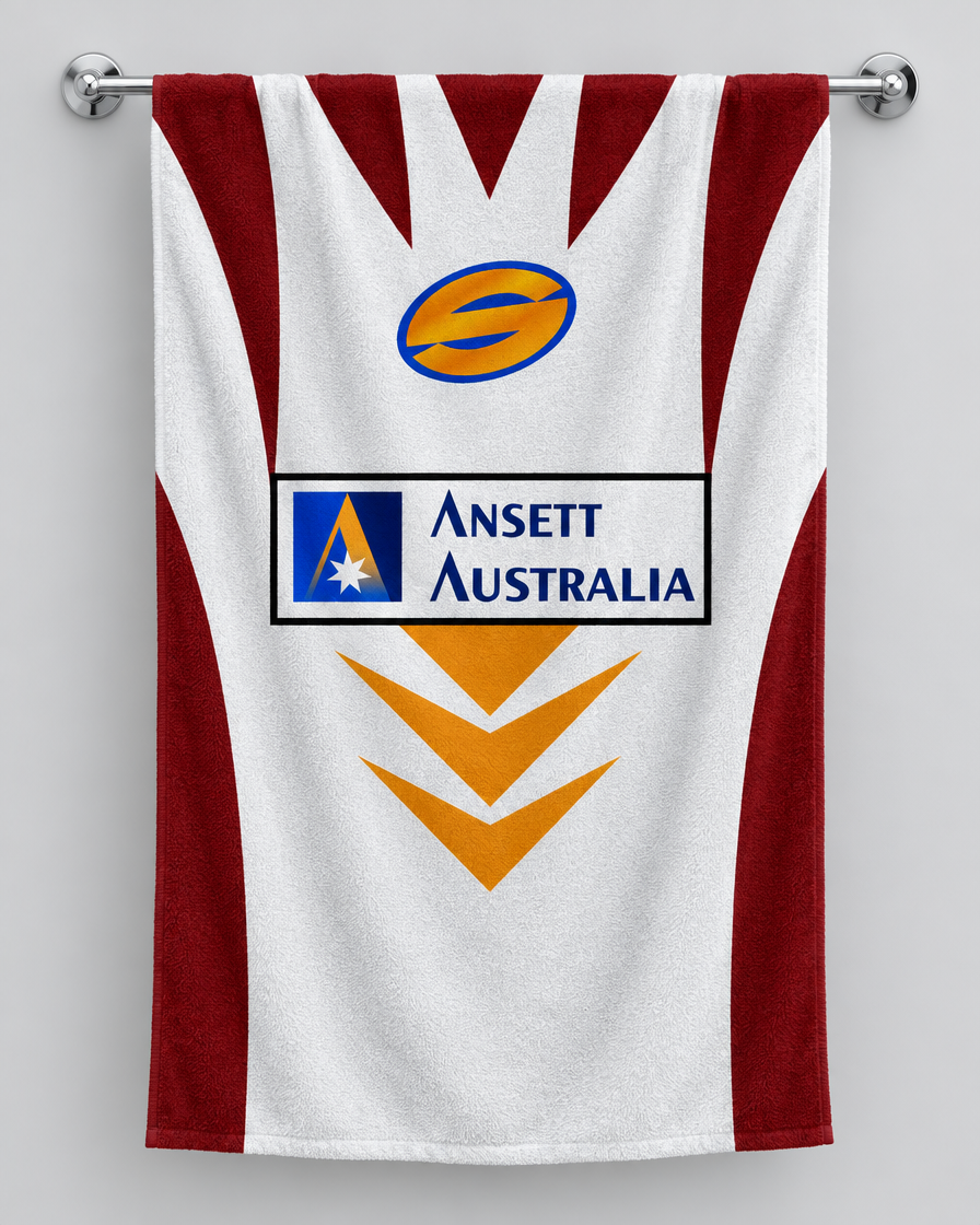 Brisbane 1997 Personalised Rugby Bath Towel – Brisbane 1997 personalised rugby bath towel hanging on a towel rail