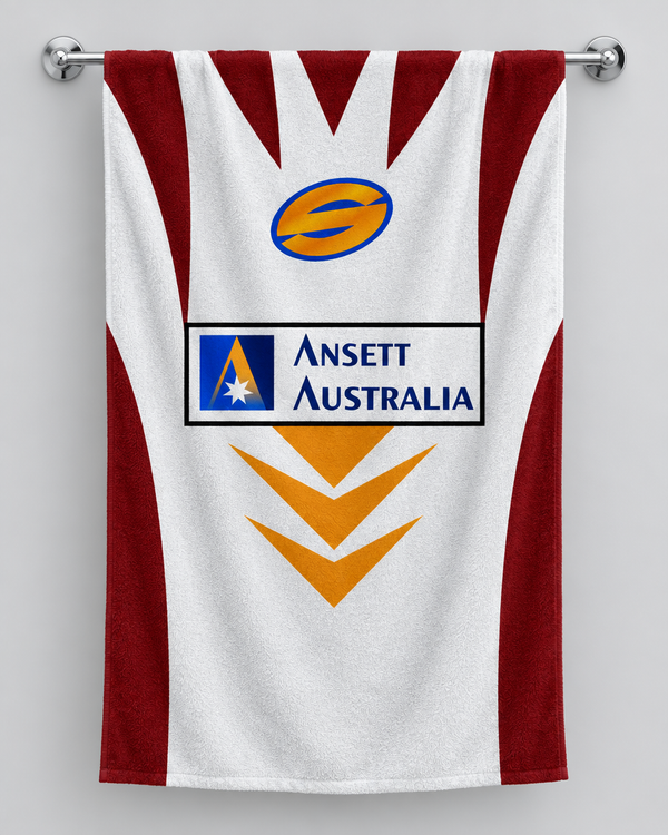 Brisbane 1997 personalised rugby bath towel hanging on a towel rail