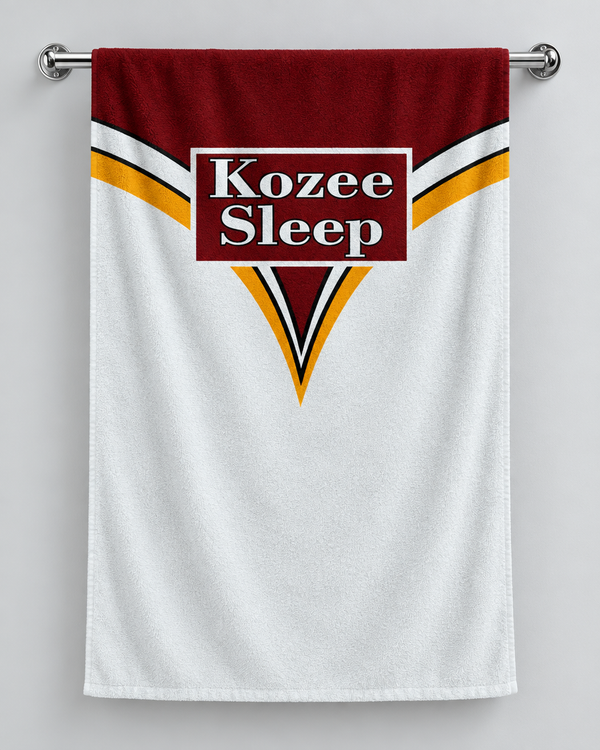 Batley 2002 personalised rugby bath towel hanging on a towel rail