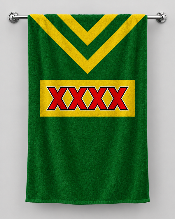 Australia personalised rugby bath towel hanging on a towel rail