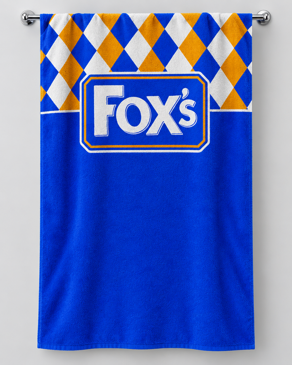 Batley 1990 Away personalised rugby bath towel hanging on a towel rail