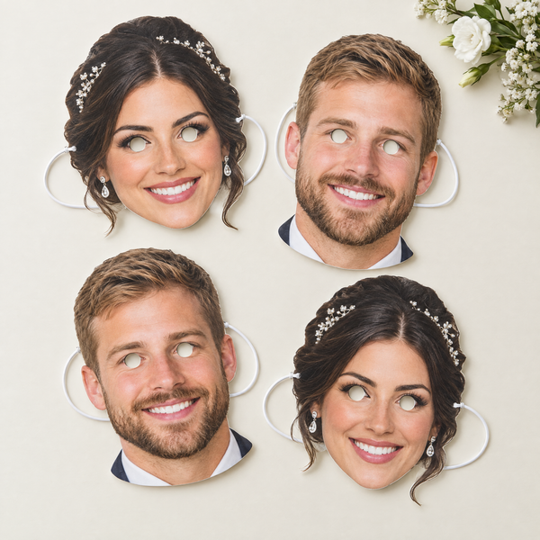 Wedding face masks of a bride and groom printed on card with eye holes, beside white flowers