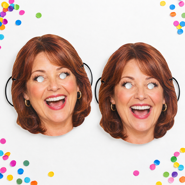 Birthday face masks printed with a woman's photo, two card masks with eye holes and elastic