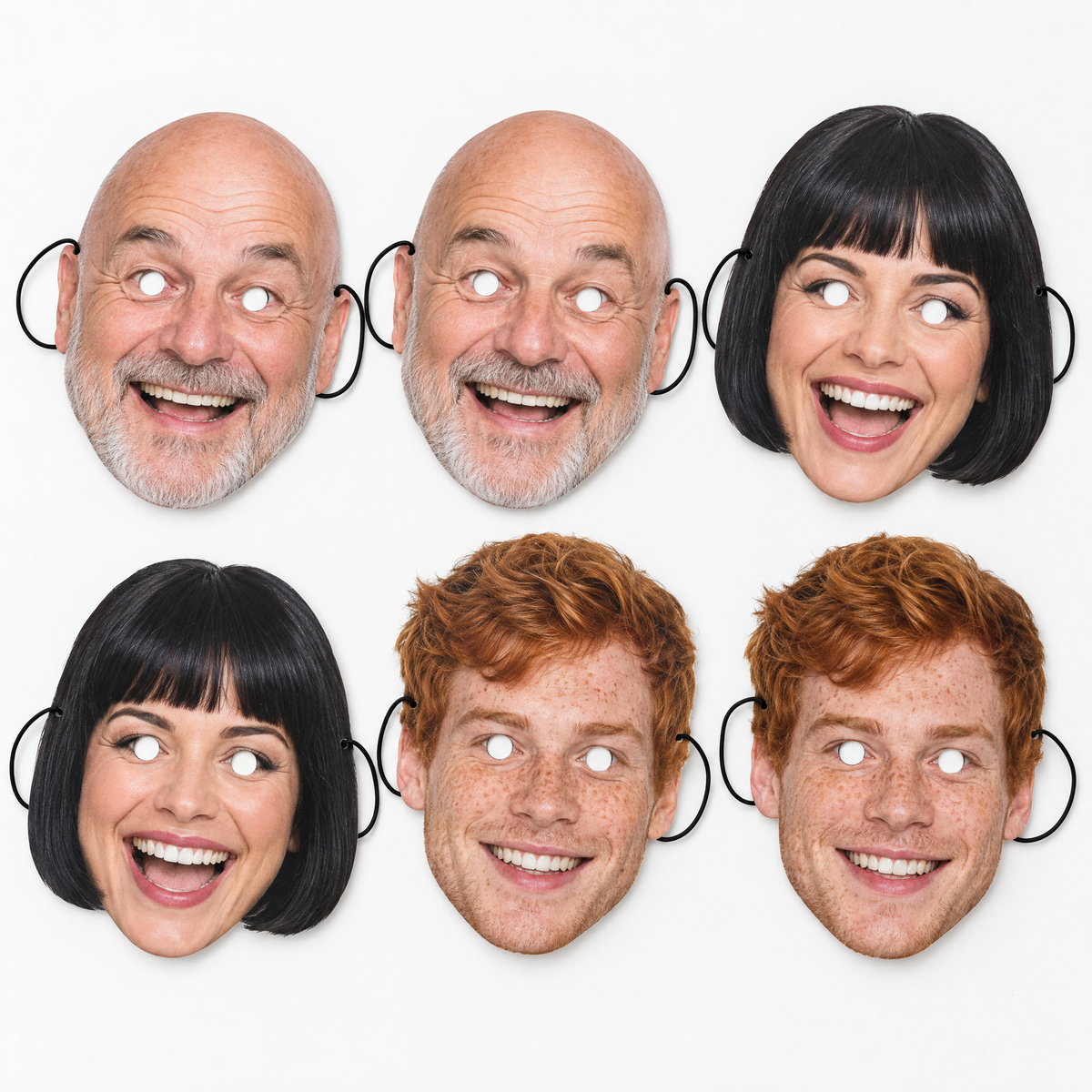 Custom face masks multipack with three different faces printed on card with eye holes and elastic