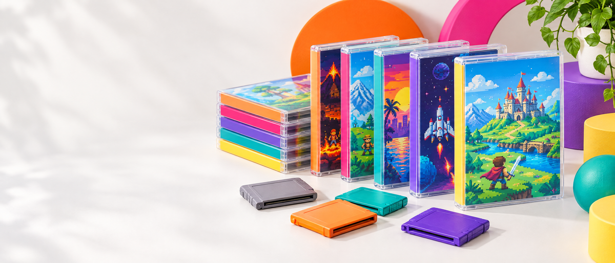 Replacement retro video game cases and cartridge boxes collection banner