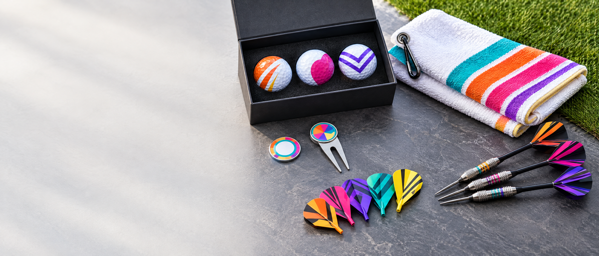 Personalised golf balls, golf towel and custom dart flights collection banner