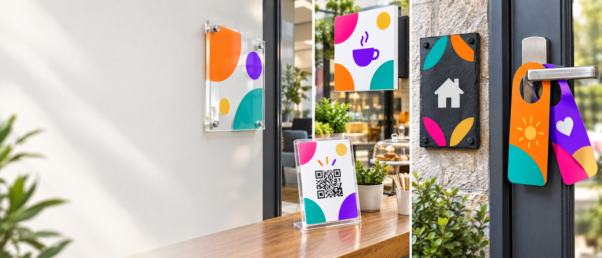 Custom printed acrylic door signs, QR review stand and door hangers collection banner