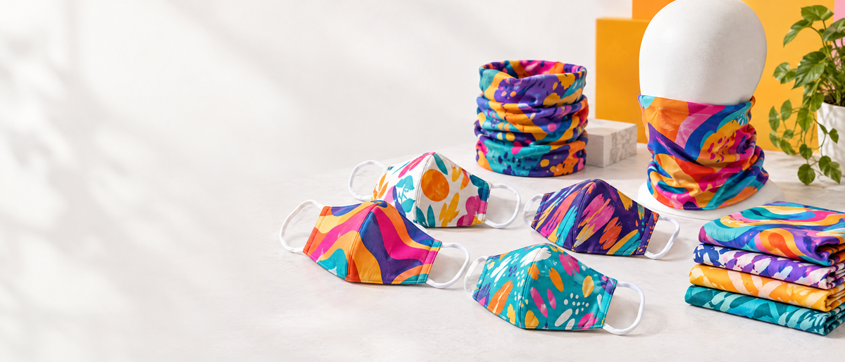 Custom printed cloth face coverings and snoods collection banner
