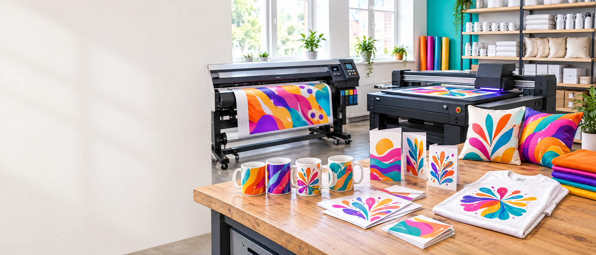 Foxy Printing workshop with UV and large format printers and freshly printed personalised gifts