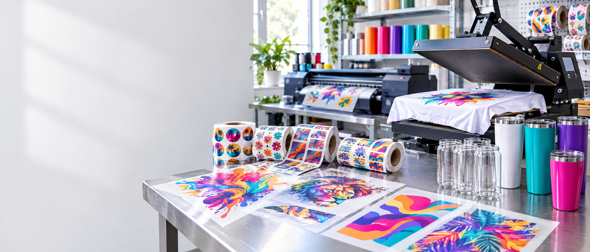 Trade print room with DTF and UV DTF transfers, stickers, heat press and blank glassware