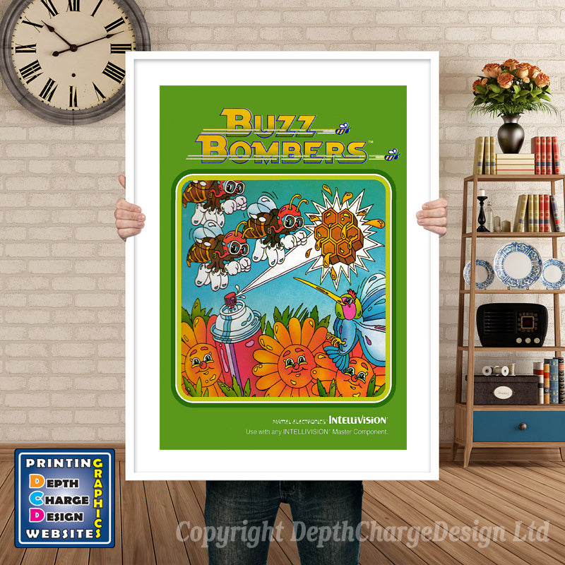 Intellivison Buzz Bombers Inspired Retro Gaming Poster A4 A3 A2 Or A1 – Buzz Bombers Intellivision inspired retro gaming poster shown in a white frame