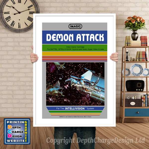 Demon Attack Intellivision inspired retro gaming poster shown in a white frame