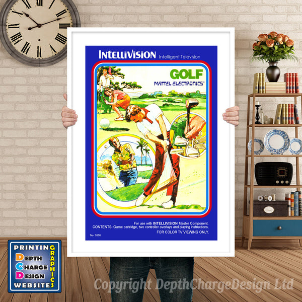 Golf Intellivision inspired retro gaming poster shown in a white frame