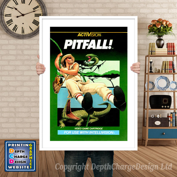 Pitfall Intellivision inspired retro gaming poster shown in a white frame