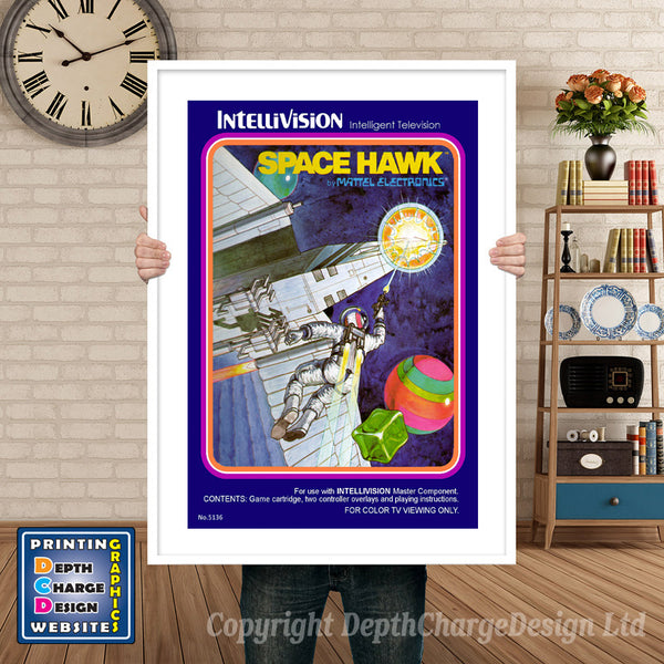 Spacehawk Intellivision inspired retro gaming poster shown in a white frame