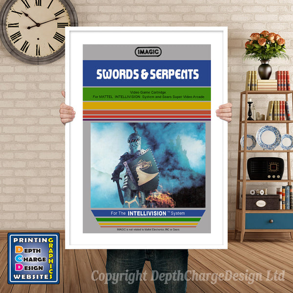 Swords And Serpants Intellivision inspired retro gaming poster shown in a white frame