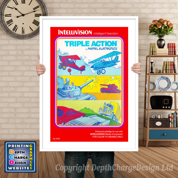 Triple Action Intellivision inspired retro gaming poster shown in a white frame