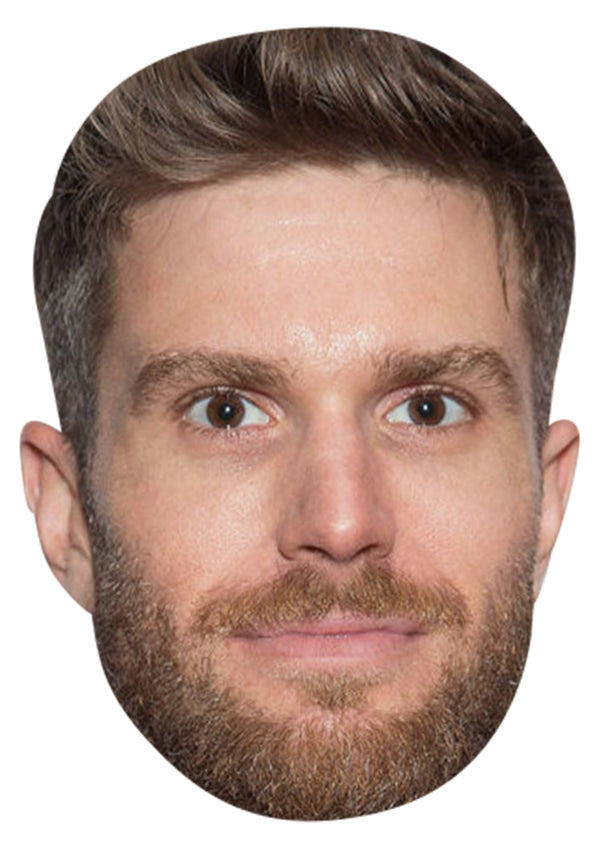 Joel Dommett face mask – printed cardboard celebrity face mask on a white background, front view