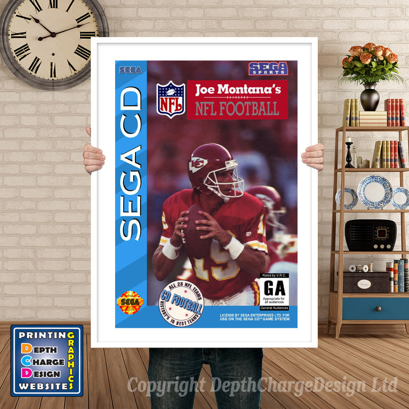 Joemontanas Nfl Football Sega Sega Mega CD Inspired Retro Gaming Poster A4 A3 A2 Or A1 – Joemontanas Nfl Football Sega Mega CD inspired retro gaming poster shown in a white frame