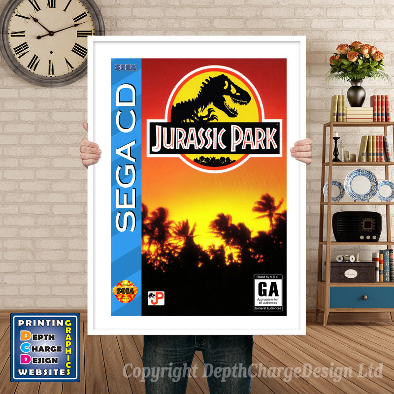 Jurassic Park Sega Sega Mega CD Inspired Retro Gaming Poster A4 A3 A2 Or A1 – Jurassic Park Sega Mega CD inspired retro gaming poster shown in a white frame