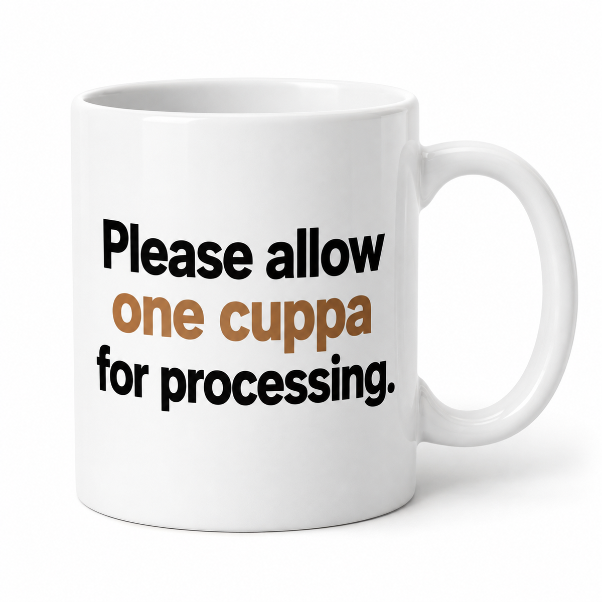 Kettle Protocol Funny Mug — Please Allow One Cuppa For Processing — studio product shot