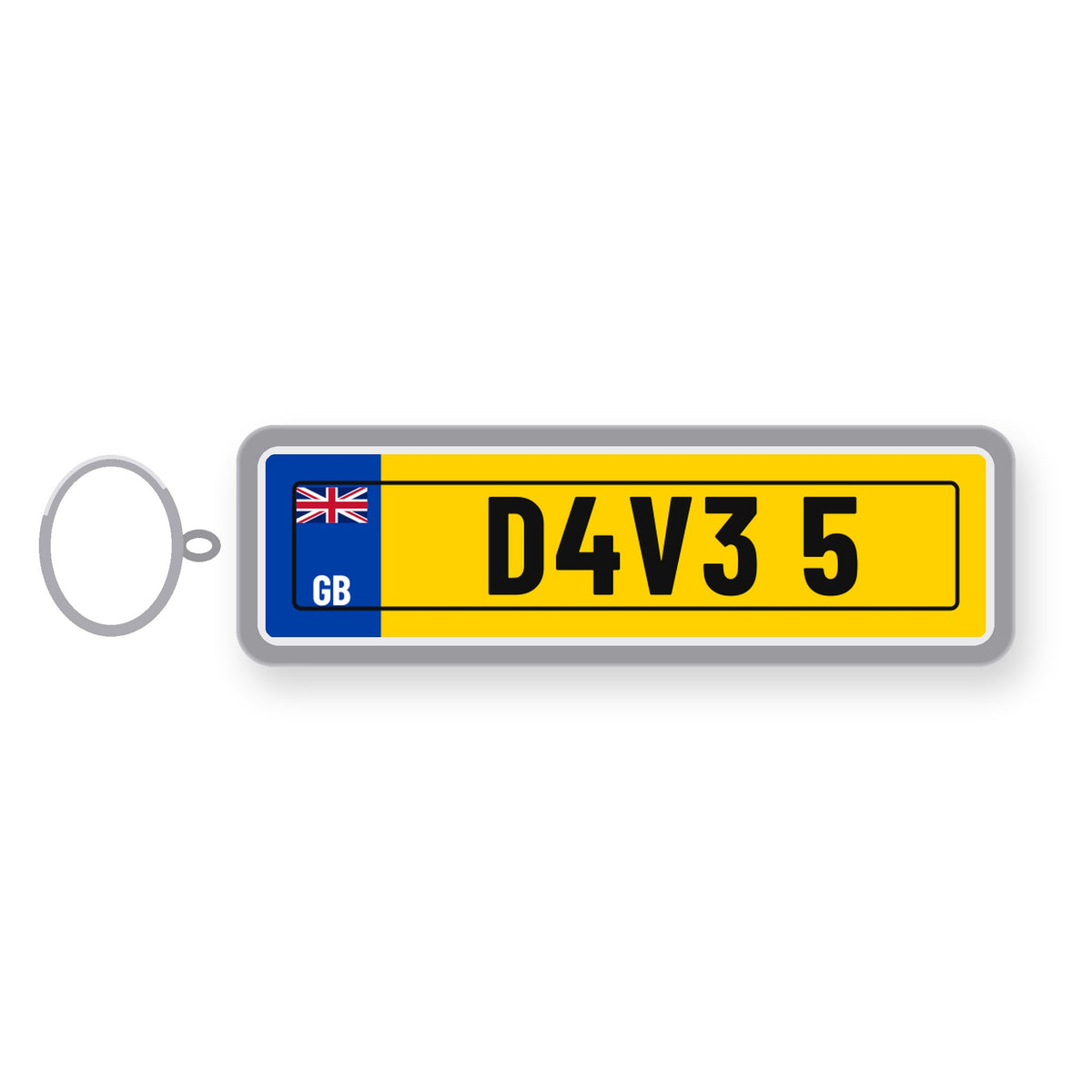Personalised number plate keyring with GB band and any name text